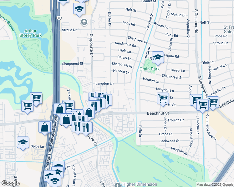 map of restaurants, bars, coffee shops, grocery stores, and more near 9331 Westwood Village Drive in Houston