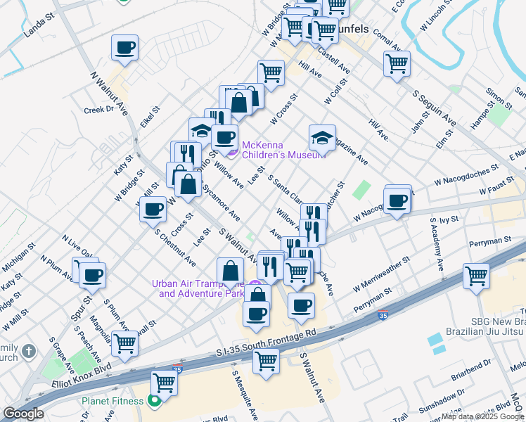 map of restaurants, bars, coffee shops, grocery stores, and more near 948 West Coll Street in New Braunfels