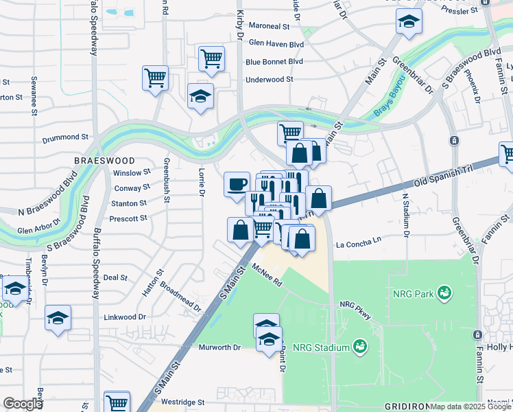 map of restaurants, bars, coffee shops, grocery stores, and more near 8333 Braesmain Drive in Houston