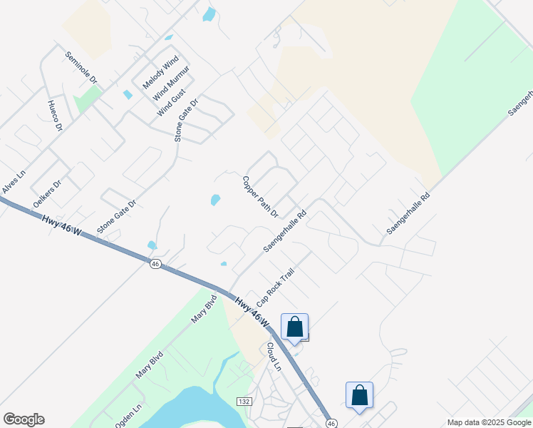 map of restaurants, bars, coffee shops, grocery stores, and more near 1376 Copper Path Drive in New Braunfels