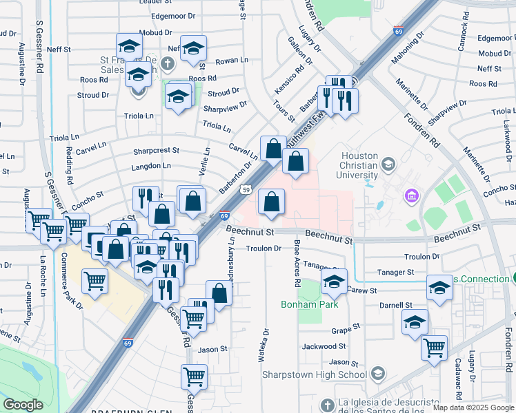 map of restaurants, bars, coffee shops, grocery stores, and more near 7789 Southwest Freeway in Houston