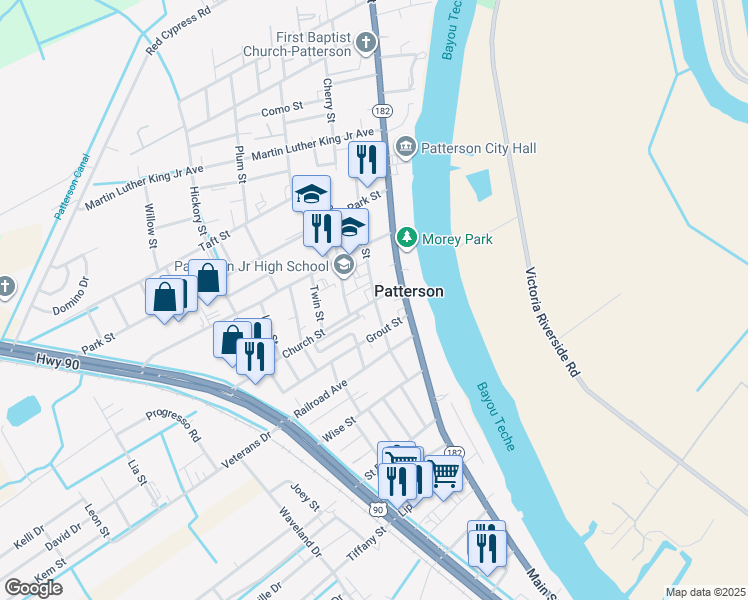 map of restaurants, bars, coffee shops, grocery stores, and more near 1101 1st Street in Patterson