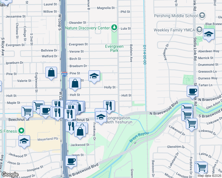 map of restaurants, bars, coffee shops, grocery stores, and more near 4509 Holly Street in Bellaire