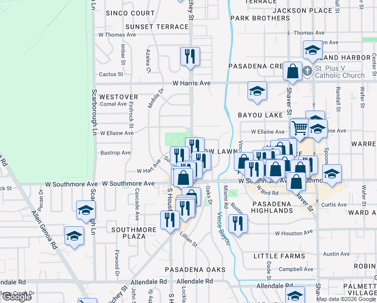map of restaurants, bars, coffee shops, grocery stores, and more near 1221 Sunset Drive in Pasadena