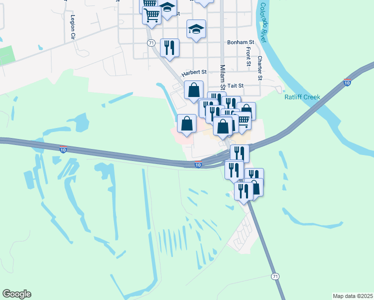 map of restaurants, bars, coffee shops, grocery stores, and more near Interstate 10 in Columbus