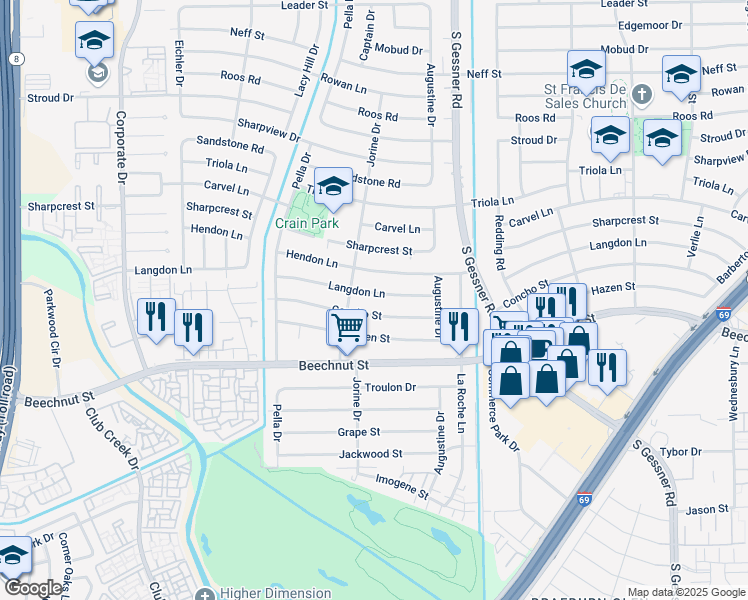 map of restaurants, bars, coffee shops, grocery stores, and more near 8914 Concho Street in Houston