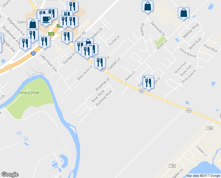 map of restaurants, bars, coffee shops, grocery stores, and more near 1157 Running River in New Braunfels