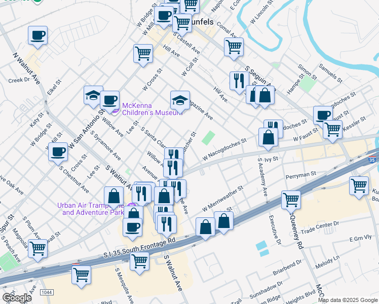 map of restaurants, bars, coffee shops, grocery stores, and more near 641 South Santa Clara Avenue in New Braunfels