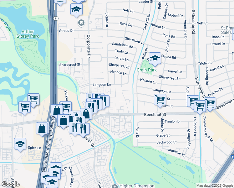 map of restaurants, bars, coffee shops, grocery stores, and more near 9331 Westwood Village Drive in Houston