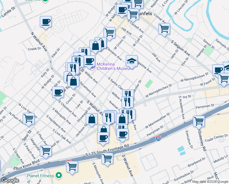 map of restaurants, bars, coffee shops, grocery stores, and more near 526 Willow Avenue in New Braunfels