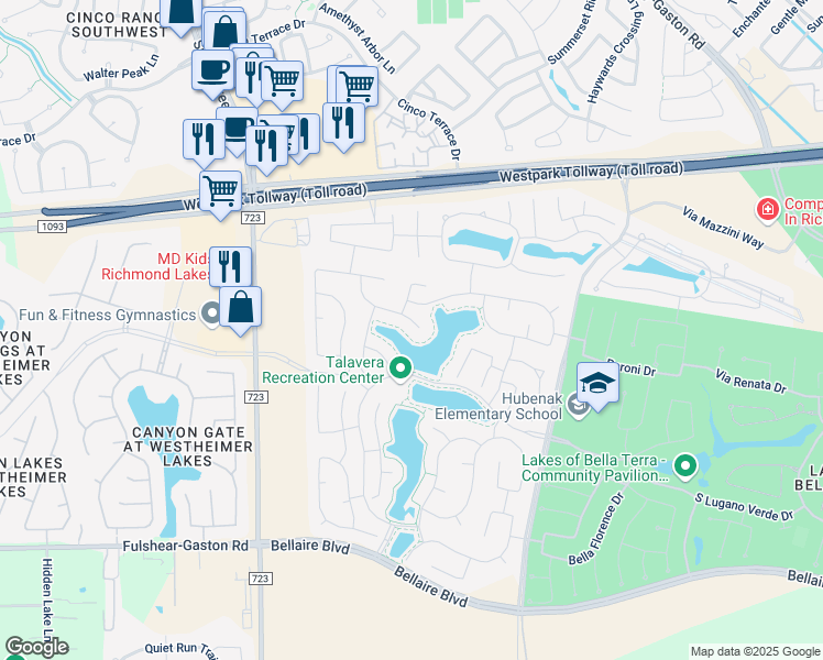 map of restaurants, bars, coffee shops, grocery stores, and more near 24803 Providence Heights Way in Richmond