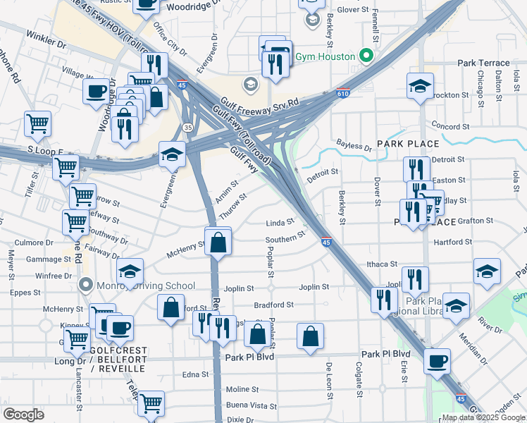 map of restaurants, bars, coffee shops, grocery stores, and more near 7657 Linda Street in Houston