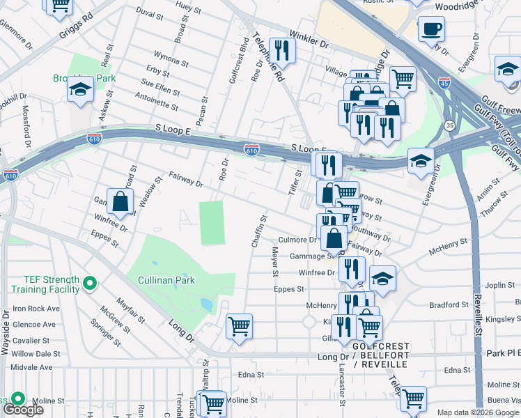 map of restaurants, bars, coffee shops, grocery stores, and more near 3212 Chaffin Street in Houston