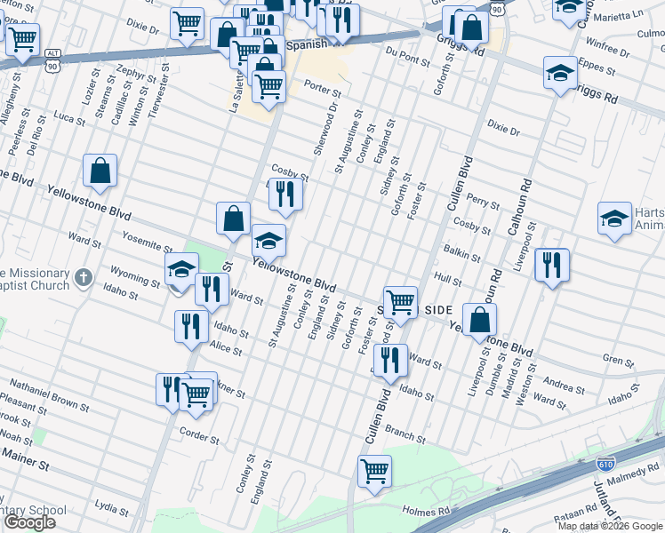 map of restaurants, bars, coffee shops, grocery stores, and more near 6633 England Street in Houston
