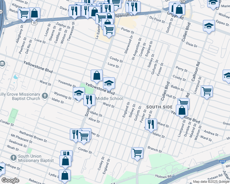 map of restaurants, bars, coffee shops, grocery stores, and more near 6705 Sherwood Drive in Houston