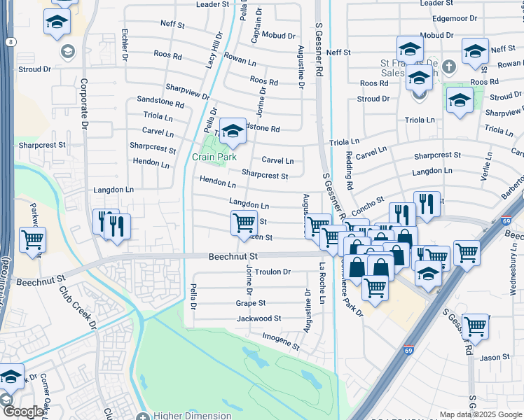 map of restaurants, bars, coffee shops, grocery stores, and more near 8914 Concho Street in Houston