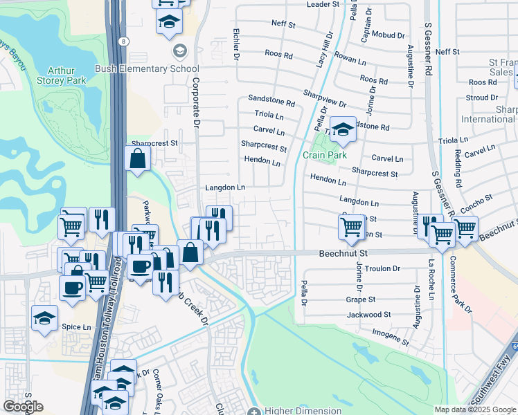 map of restaurants, bars, coffee shops, grocery stores, and more near 9331 Westwood Village Drive in Houston
