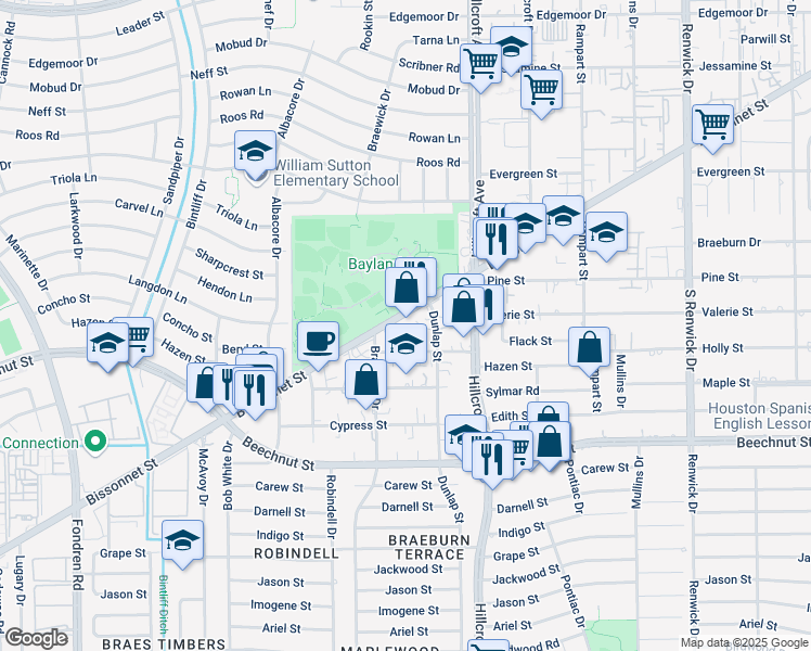 map of restaurants, bars, coffee shops, grocery stores, and more near 5902 Holly Street in Houston