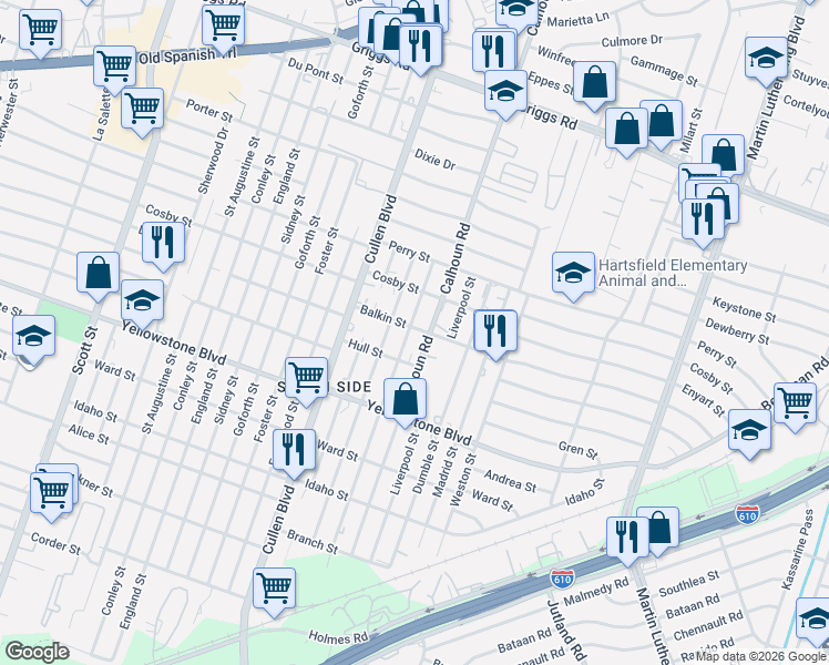 map of restaurants, bars, coffee shops, grocery stores, and more near 6512 Calhoun Road in Houston