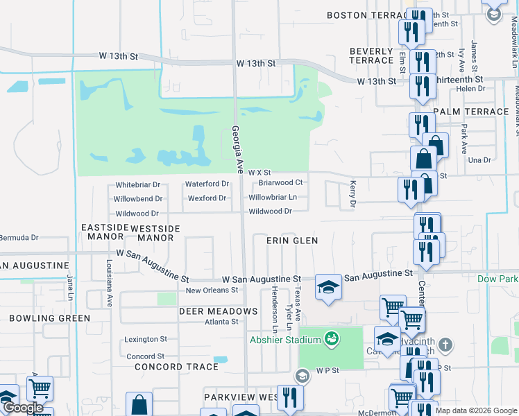 map of restaurants, bars, coffee shops, grocery stores, and more near 1114 Wildwood Drive in Deer Park