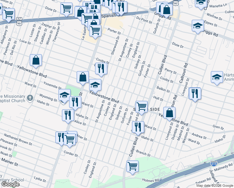 map of restaurants, bars, coffee shops, grocery stores, and more near 6633 England Street in Houston