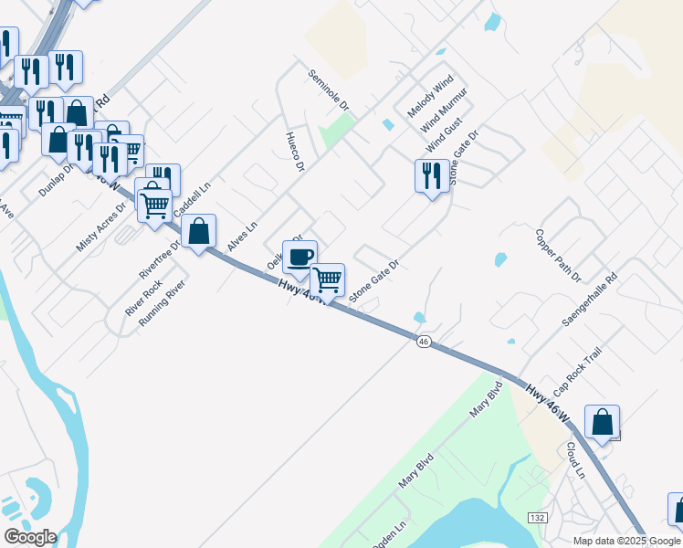 map of restaurants, bars, coffee shops, grocery stores, and more near 212 Sapphire Drive in New Braunfels