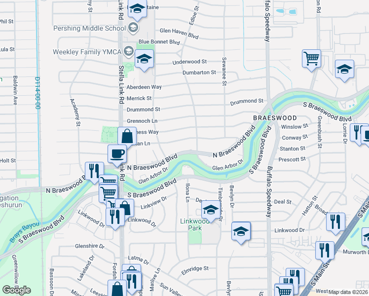 map of restaurants, bars, coffee shops, grocery stores, and more near 3714 North Braeswood Boulevard in Houston