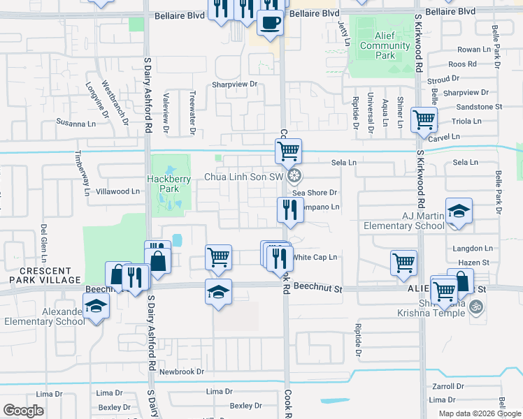 map of restaurants, bars, coffee shops, grocery stores, and more near 7829 Pacific Pearl Street in Houston