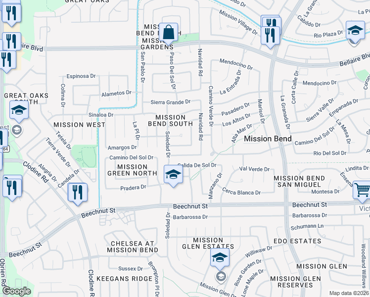 map of restaurants, bars, coffee shops, grocery stores, and more near 16215 Camino Del Sol Drive in Houston