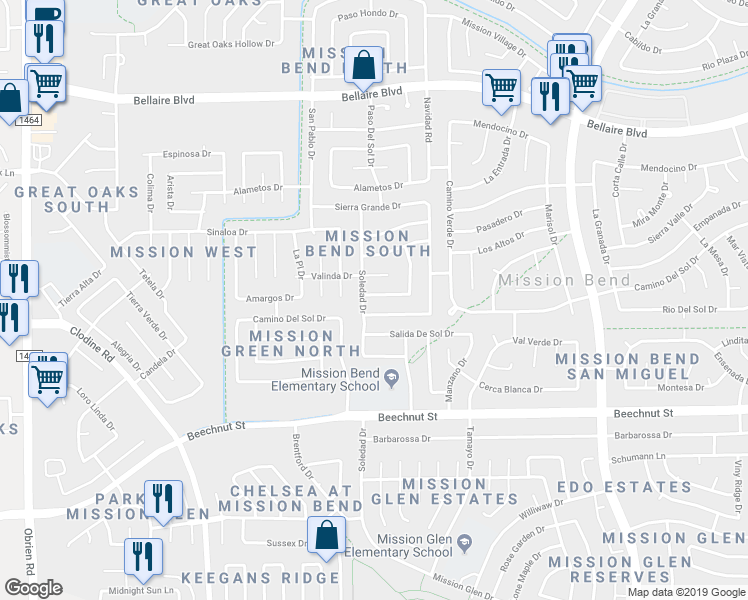 map of restaurants, bars, coffee shops, grocery stores, and more near 16251 Camino Del Sol Drive in Houston
