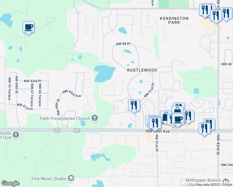 map of restaurants, bars, coffee shops, grocery stores, and more near 5611 Northwest 42 Road in Gainesville