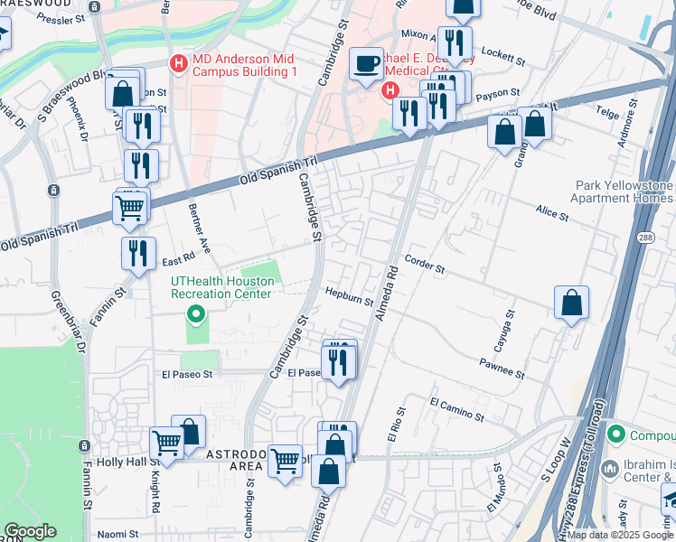 map of restaurants, bars, coffee shops, grocery stores, and more near 7797 Cambridge Street in Houston