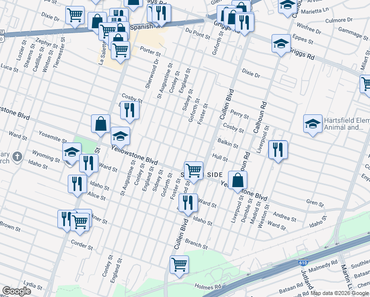 map of restaurants, bars, coffee shops, grocery stores, and more near 6614 Goforth Street in Houston