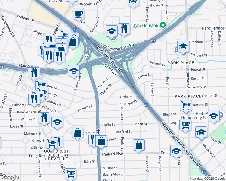 map of restaurants, bars, coffee shops, grocery stores, and more near 7639 McHenry Street in Houston