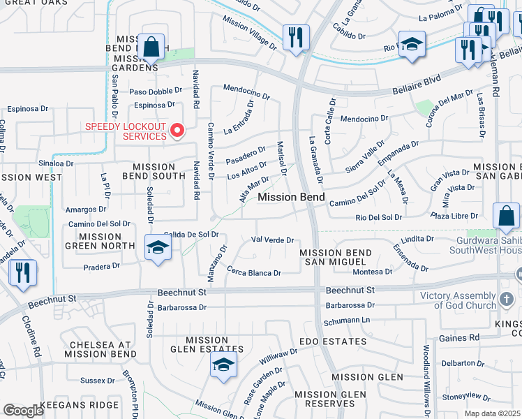 map of restaurants, bars, coffee shops, grocery stores, and more near 15923 Val Vista Drive in Houston