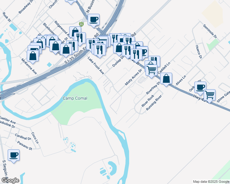 map of restaurants, bars, coffee shops, grocery stores, and more near 957 Misty Acres Drive in New Braunfels