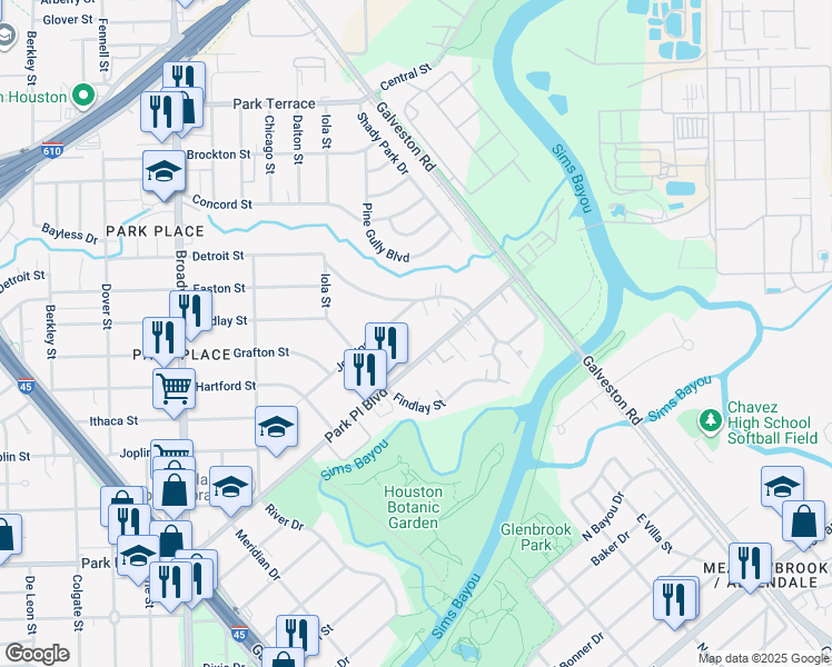 map of restaurants, bars, coffee shops, grocery stores, and more near 8345 Park Place Boulevard in Houston