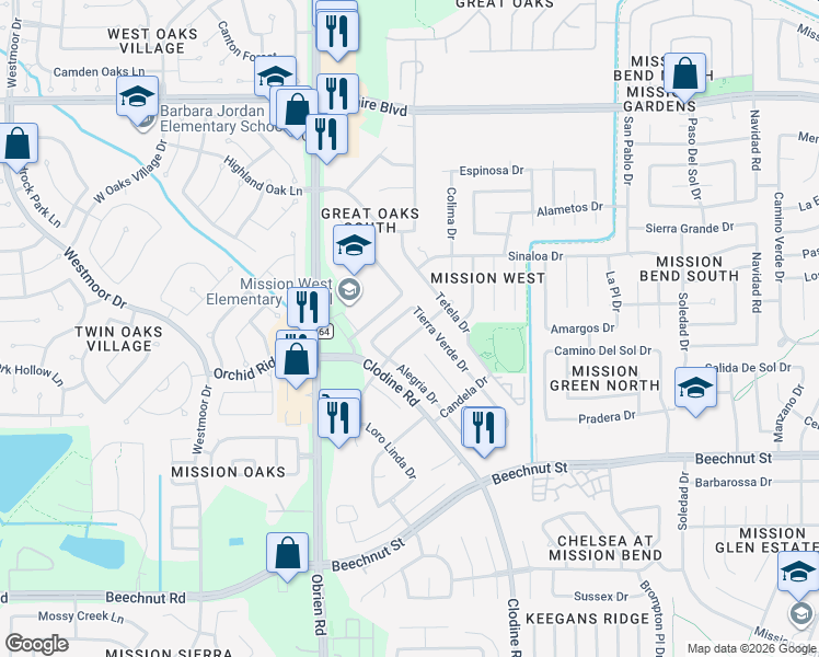 map of restaurants, bars, coffee shops, grocery stores, and more near 17010 Pastoria Drive in Houston