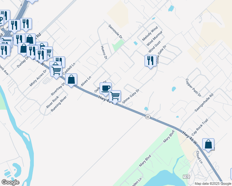 map of restaurants, bars, coffee shops, grocery stores, and more near 212 Sapphire Drive in New Braunfels