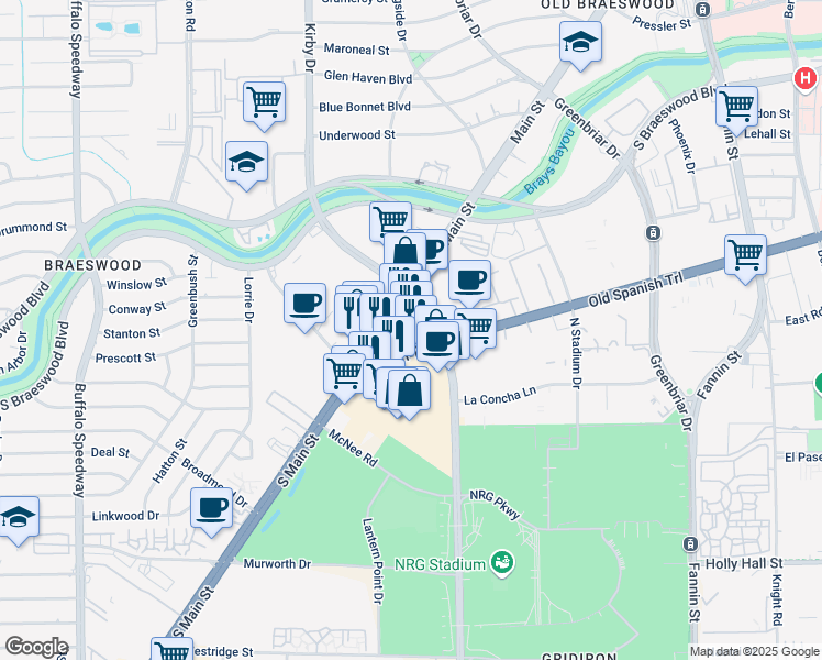 map of restaurants, bars, coffee shops, grocery stores, and more near 8011 Main street in Houston
