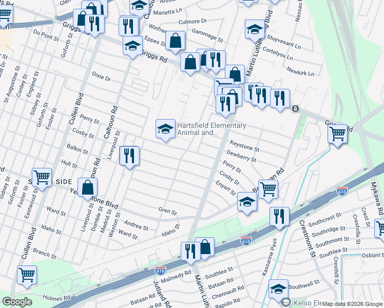 map of restaurants, bars, coffee shops, grocery stores, and more near 5110 Cosby Street in Houston
