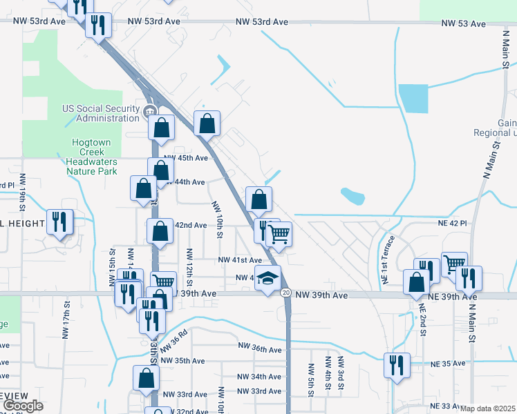 map of restaurants, bars, coffee shops, grocery stores, and more near 4215 Northwest 6th Street in Gainesville
