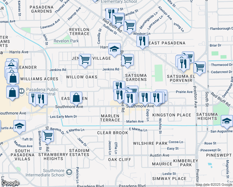 map of restaurants, bars, coffee shops, grocery stores, and more near 2127 Southmore Avenue in Pasadena