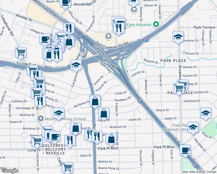 map of restaurants, bars, coffee shops, grocery stores, and more near 7639 McHenry Street in Houston