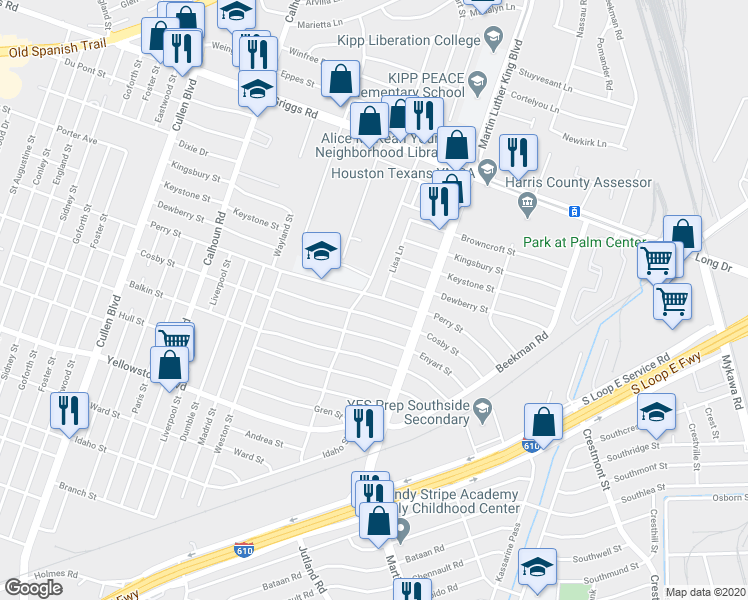 map of restaurants, bars, coffee shops, grocery stores, and more near 5110 Cosby Street in Houston