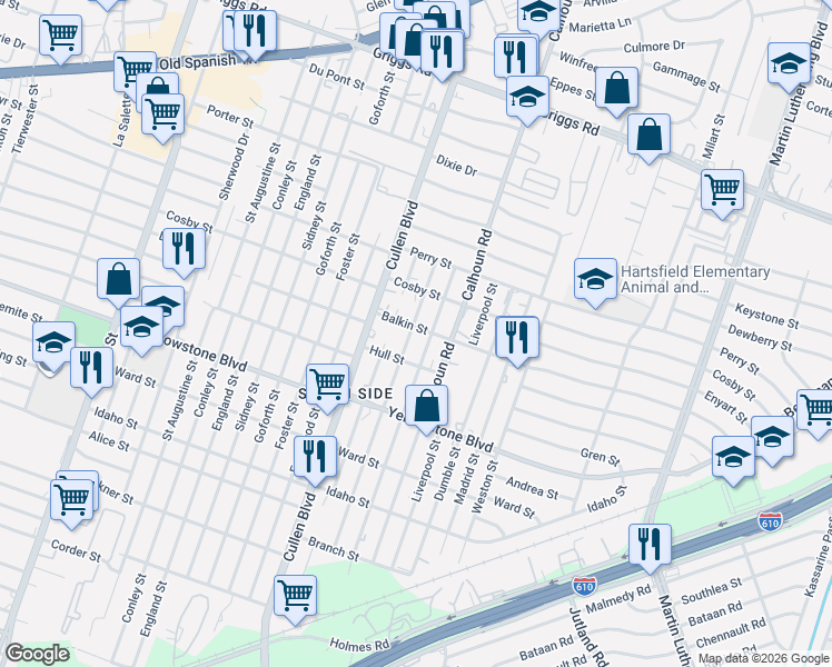 map of restaurants, bars, coffee shops, grocery stores, and more near 6531 New York Street in Houston