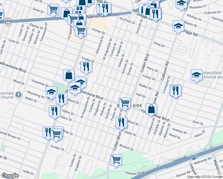 map of restaurants, bars, coffee shops, grocery stores, and more near 6614 Goforth Street in Houston