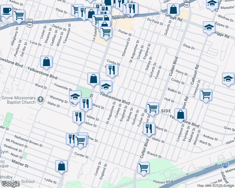 map of restaurants, bars, coffee shops, grocery stores, and more near 4114 Yellowstone Boulevard in Houston