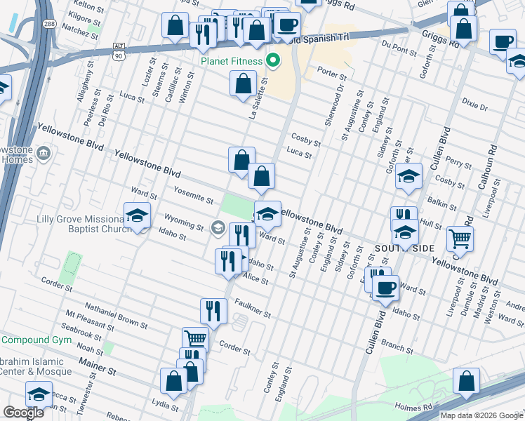 map of restaurants, bars, coffee shops, grocery stores, and more near 6718 Driftwood Street in Houston