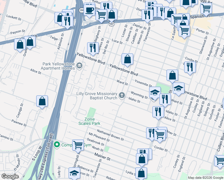 map of restaurants, bars, coffee shops, grocery stores, and more near Cadillac in Houston